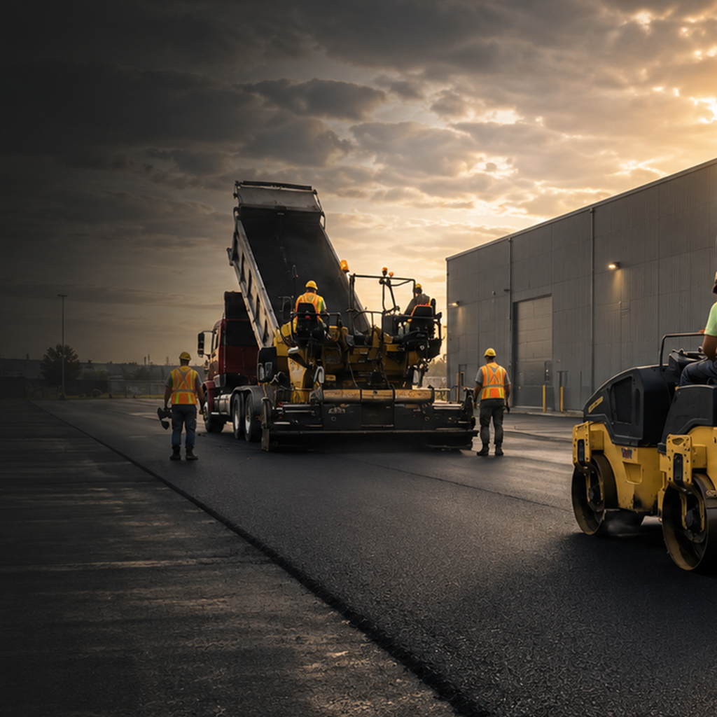 Paving crew pouring asphalt and resurfacing a parking lot
