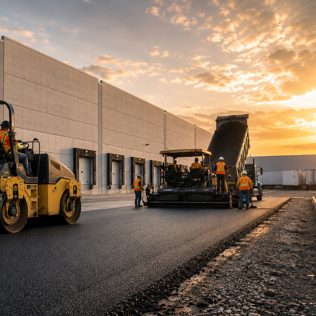 Paving crew pouring new asphalt for a new industrial building